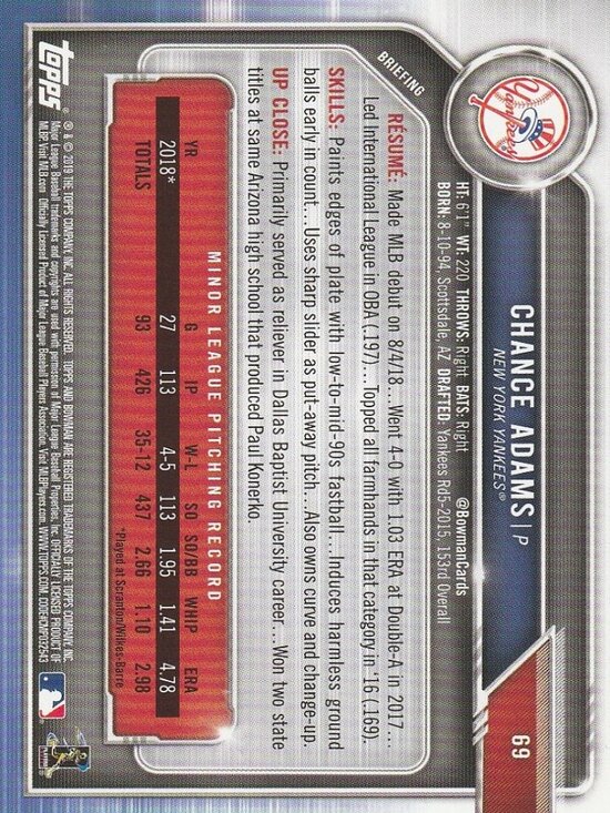 Chance Adams - 2019 Topps Rookie Baseball Card - Picture 2 of 2
